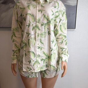 Fashion Nova Green Leaf Print Shirt and Shorts Set